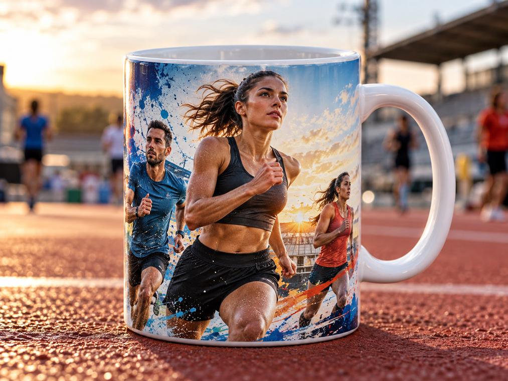 Wizualizacja kubka sublimacyjnego ze sportową fotografią biegaczy – Gastroprint